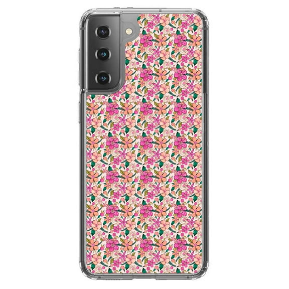 DistinctInk Clear Shockproof Hybrid Case for Galaxy S21 5G (6.2" Screen) - TPU Bumper, Acrylic Back, Tempered Glass Screen Protector - Preppy Pattern - Pink Flowers Floral