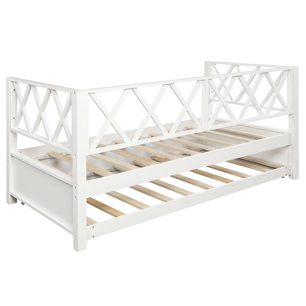 Wood Daybed with Trundle, Twin Size Day Bed Sofa Bed, White