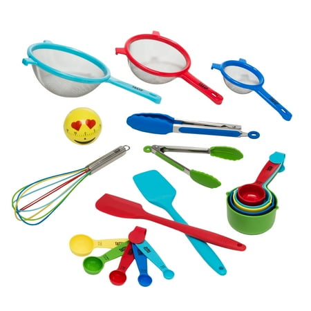 

19-Piece Kitchen Utensil and Gadget Set Items Included Emoji Timer Measuring Spoon and Cup Set 2 Silicone Spatulas Whisk 2 Tongs 3 Strainers