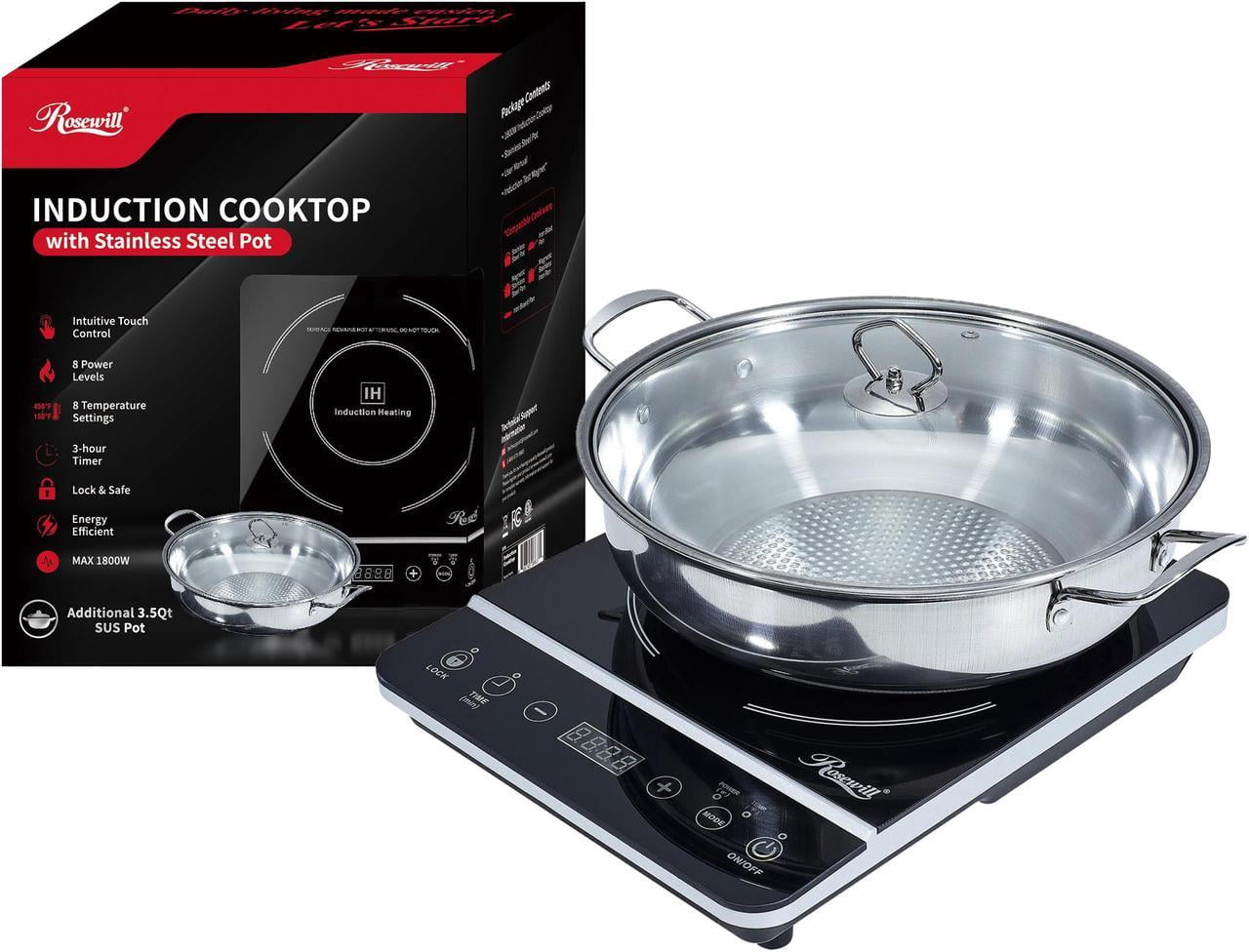 Rosewill Portable Induction Cooktop Burner, 1800W, 8 Power/Temp Levels, Touch Panel, LED Display, Timer, Auto Shut-Off, Child Safety Lock, Includes Stainless Steel Pot - (RHAI-13001)