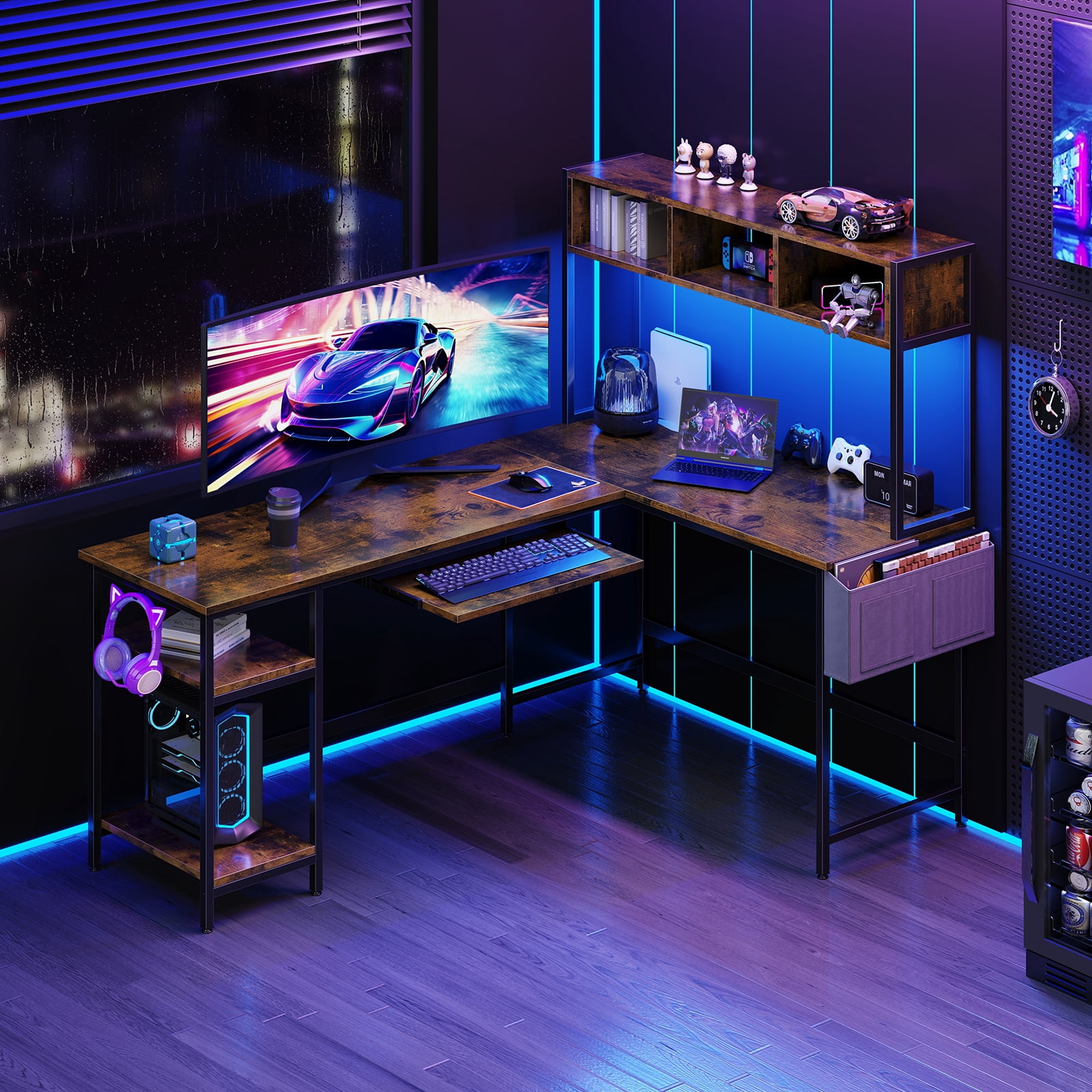 CONCETTA 67" Modern L-Shaped Gaming Desk with LED Lights and Power Outlets, Computer Desk with Drawer, Keyboard Tray for Monitors, Black
