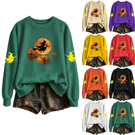 Smupbvky Womens Halloween Print Sweatshirts Fall Witch Graphics Tops Long Sleeve Crew Neck Pullover Holiday Casual (XL, Green)