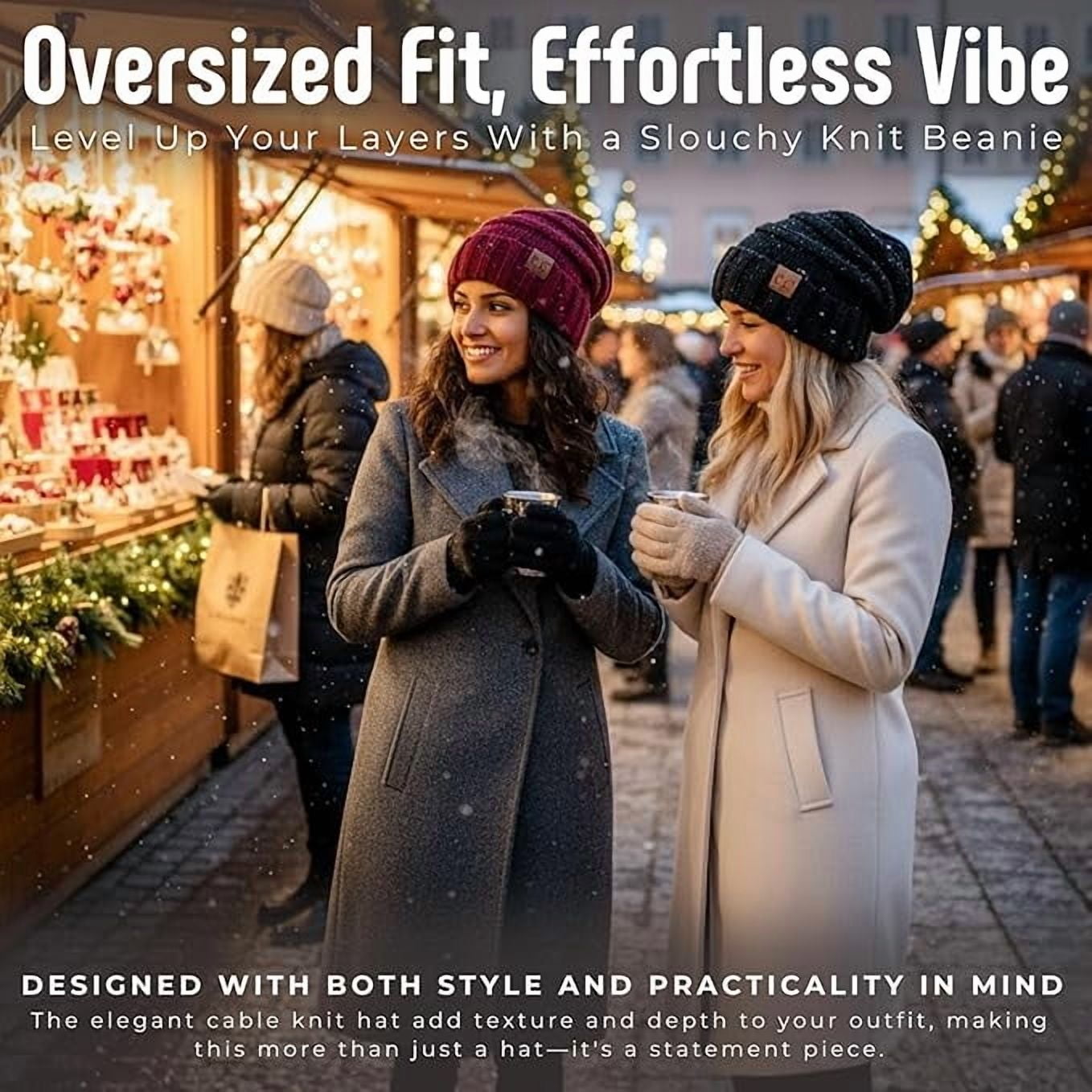 Funky Junque Slouchy Beanie for Women – Warm Winter Hat, Soft Chunky Cable Knit Oversized Slouch Beanies for Cold Weather, Cozy Stylish Fashion Hats - 2 Pack - Black & Burgundy