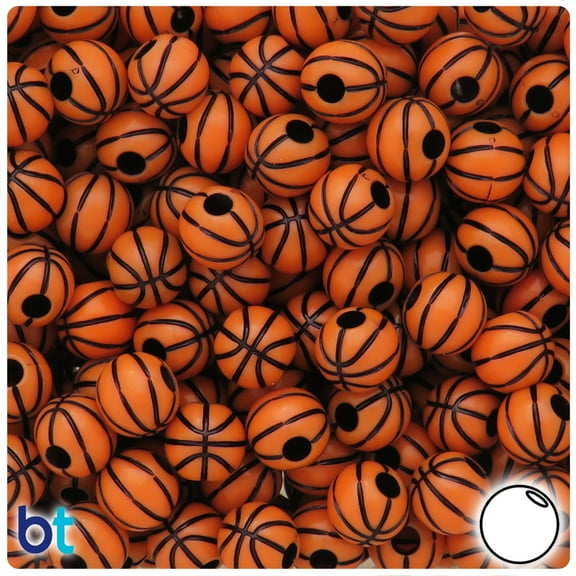 BeadTin Brown Opaque 12mm Round Pony Beads - Black Basketball Design (48pcs)