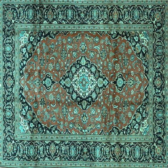 Ahgly Company Machine Washable Indoor Square Medallion Turquoise Blue Traditional Area Rugs, 7' Square
