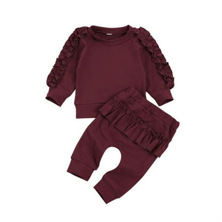 

Journey 2-Piece Set Kid Girl s Ruffle Pajamas Crew Neck Sweatshirt & Pants Solid Color(Purple 100cm)
