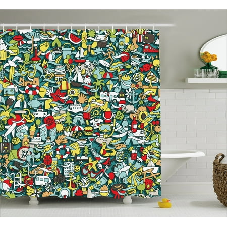 Concept Compass Set (Doodle Shower Curtain, Simple Mini Drawings of Holiday Related Concepts Caravan Compass Lifebuoy Breakfast, Fabric Bathroom Set with Hooks, 69W X 70L Inches, Multicolor, by)