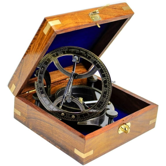 Nagina International 5" Triangular Beautiful Nautical Sundial Compass with Level Meter Encased in Genuine Rosewood Anchor Inlaid Case | Maritime Decor Gifts (Antique Brass)