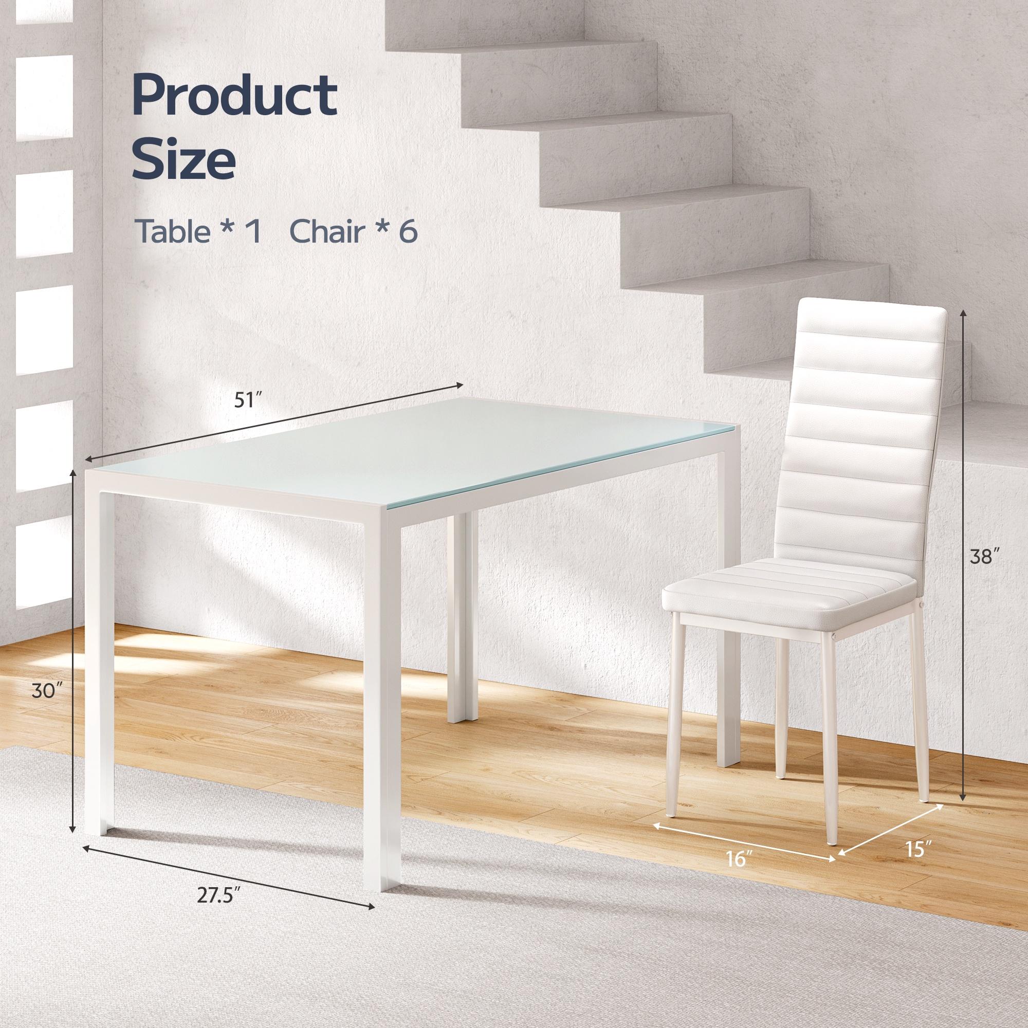 Asofer Glass Kitchen Table and Chairs Set with 6, 7 Piece Dining Table Sets, PU Leather Chair, White