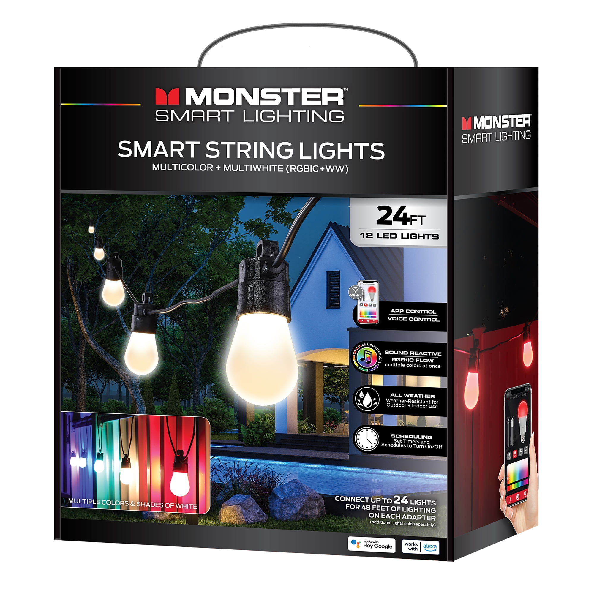 Monster Smart 24ft String Lights, Multicolor LED Lights for Outdoor Patio & Backyard, App & Voice Control