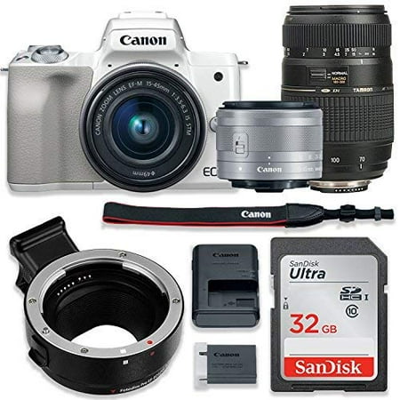 Canon EOS M50 Mirrorless Digital Camera (White) Bundle w/Canon EF-M 15-45mm IS STM & Tamron 70-300mm Di LD Lenses + Auto (EF/EF-S to EF-M) Mount Adapter + Basic Camera