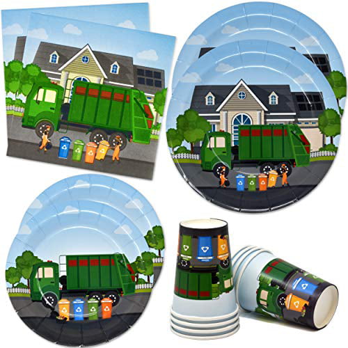 Garbage Truck Birthday Party Supplies Large 9 Plates 80pcs Value Pack 