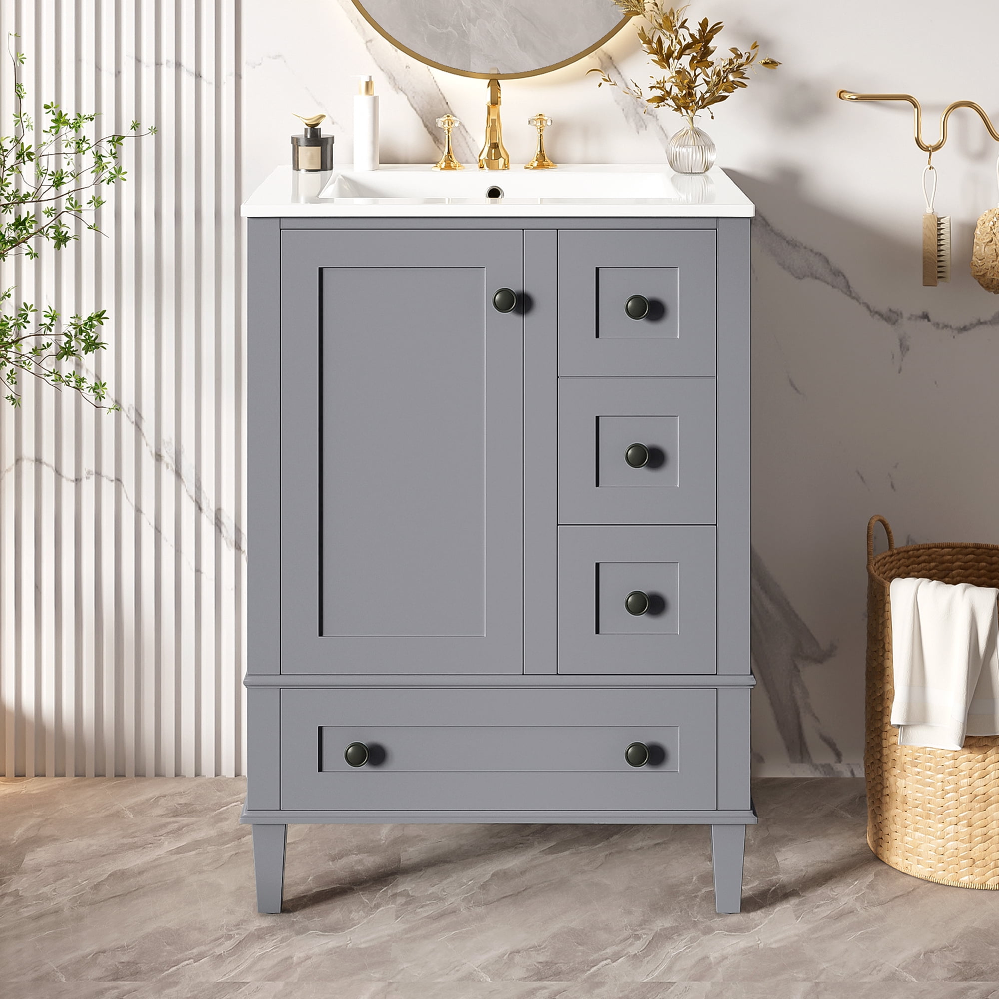 Euroco 24-inch gray bathroom vanity with an integrated ceramic basin, featuring a door-mounted double-layer shelf, soft-close drawers, and a soft-close cabinet door.