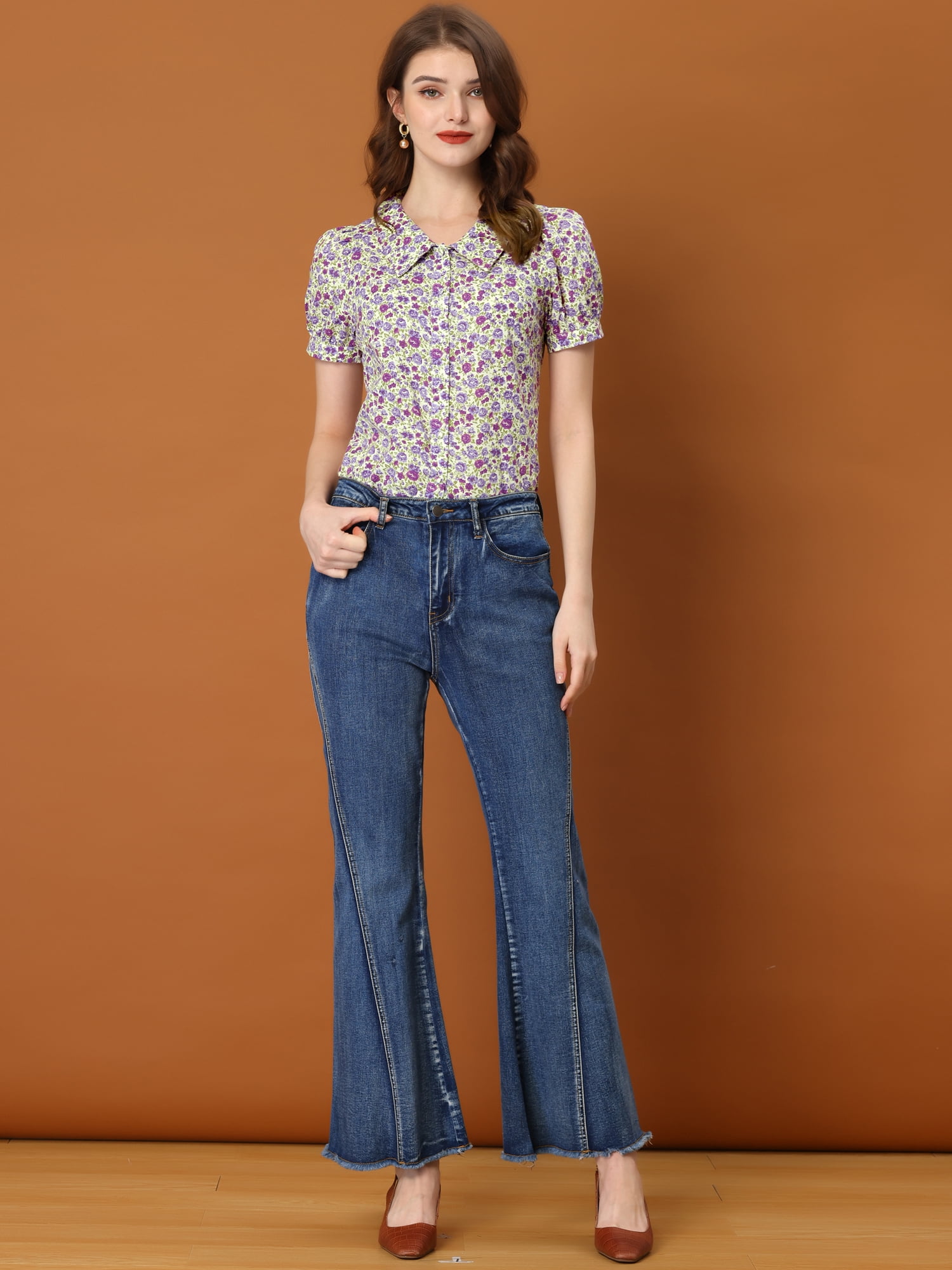 DARING DIVA Women's Turndown Collar Button Down Floral Blouse M Purple
