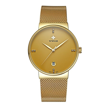 WWOOR Ultra Thin Fashion Luxury Diamond Quartz Ananlog Man Casual Wristwatch Stainless Steel Simplicity Men Decorative Watch + Watch