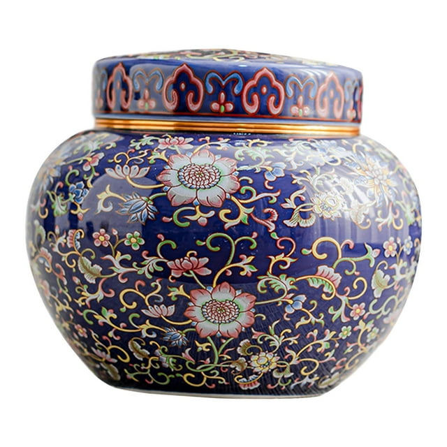 Ceramic Ginger Jar Vase with Lid Flower Arrangement Chinese Desktop Crafts Blue