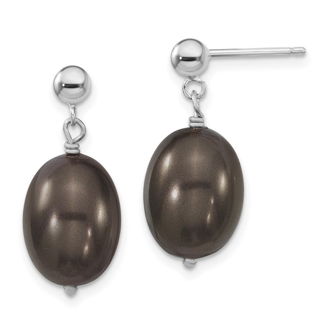 925 Sterling Silver Rh Pl10 11mm Black Rice Imitation Shell Pearl Post Dangle Earrings Drop