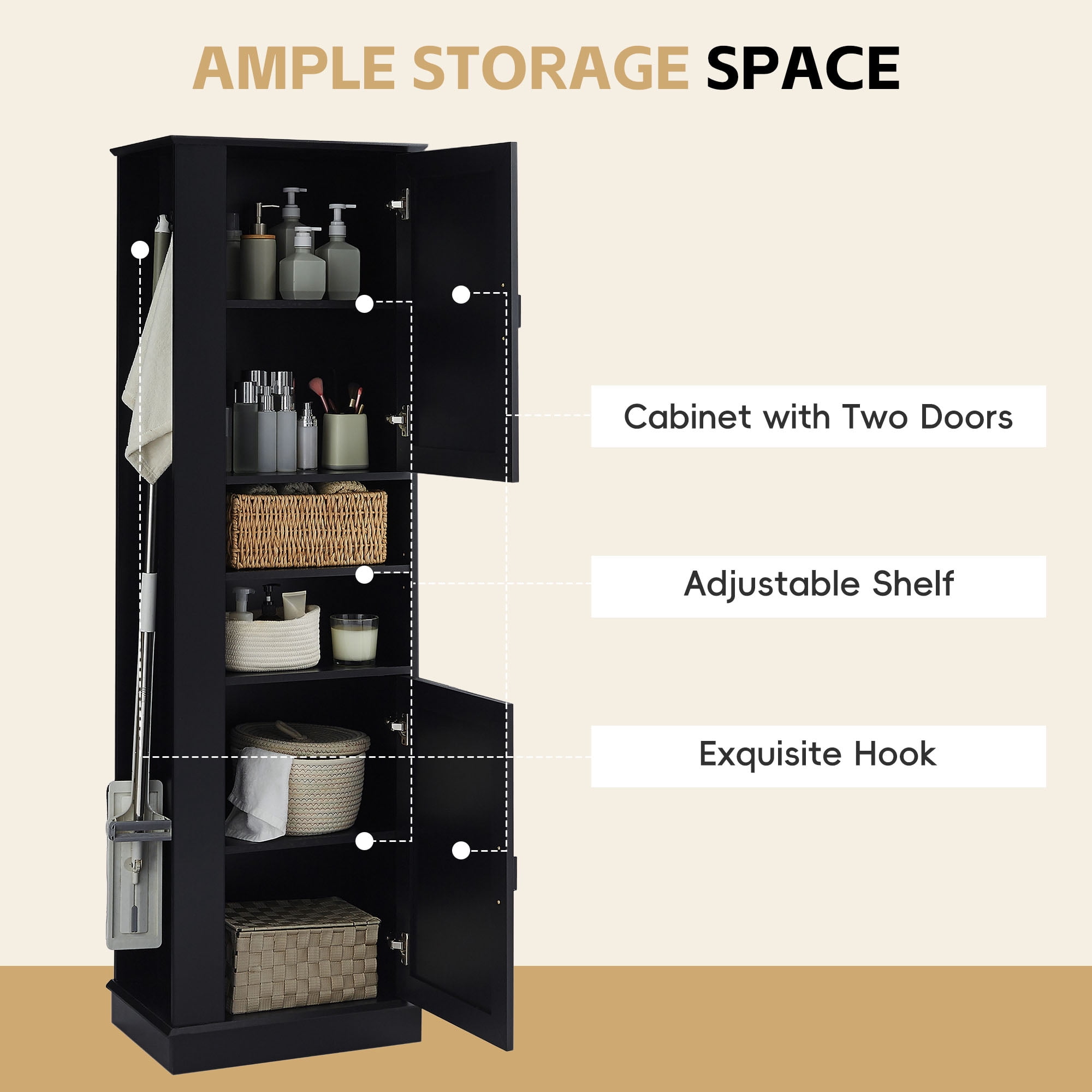 HOQBN 69"H Tall Bathroom Storage Cabinet,Freestanding Storage Cabinet with Hook & Adjustable Shelf for Bathroom, Living Room, Black