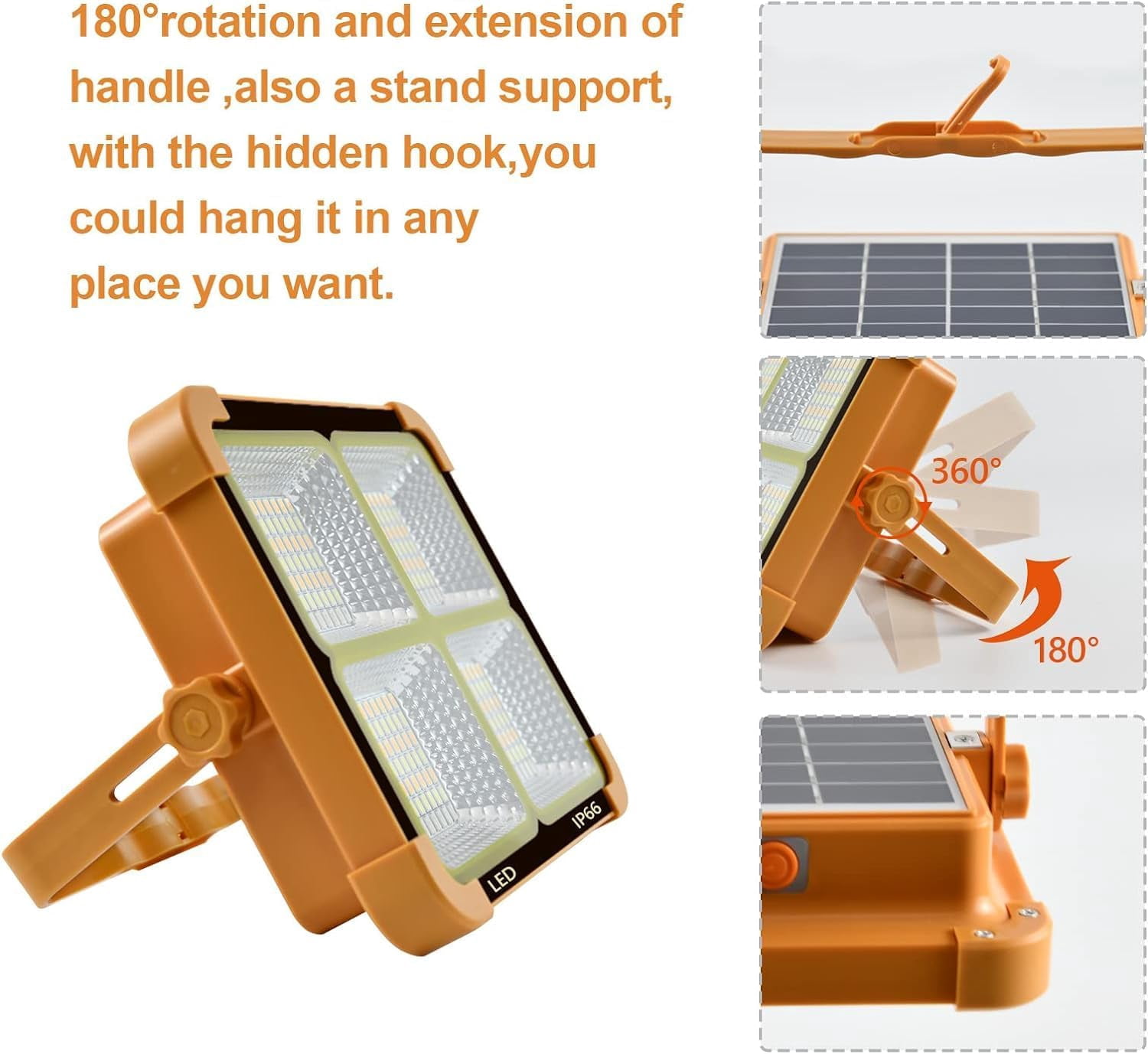JSOT 100W Portable LED Solar Work Light, 288LED 10000LM Rechargeable Worklight with 5 Modes, IP66 Waterproof Solar Outdoor Light with 5000mAh Battery for Emergency, Repair, Camping