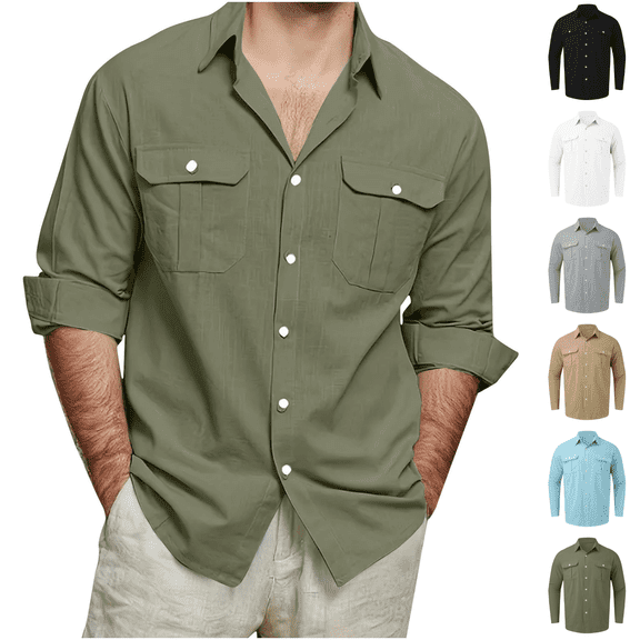 Fmbrln Mens Cotton Linen Long Sleeve Shirts Summer Casual Button Shirts Holiday Beach Shirts with Pockets