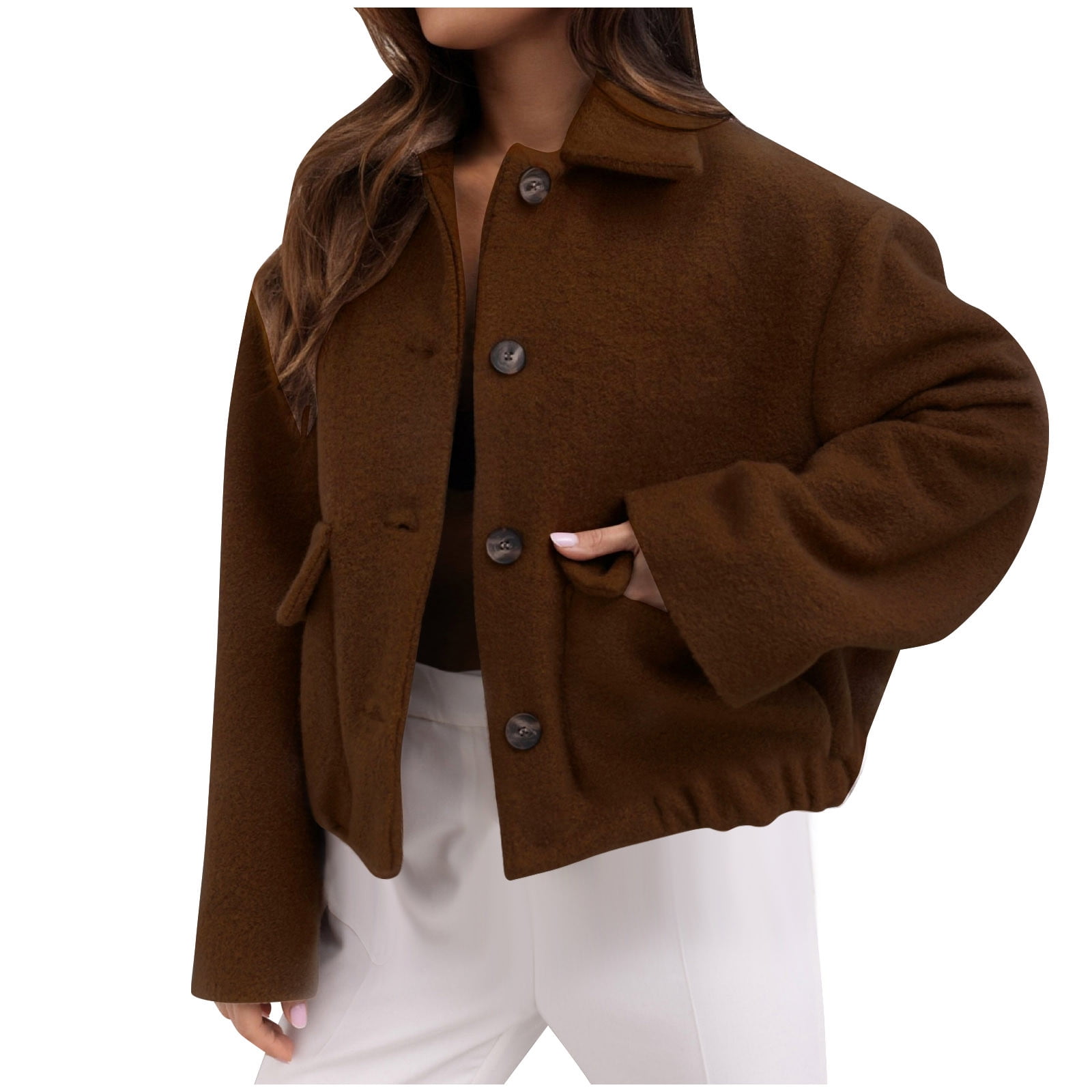 WRKEKC Women's Single Breasted Wool Coat Solid Color Classic Winter Jacket Elegant Outerwear