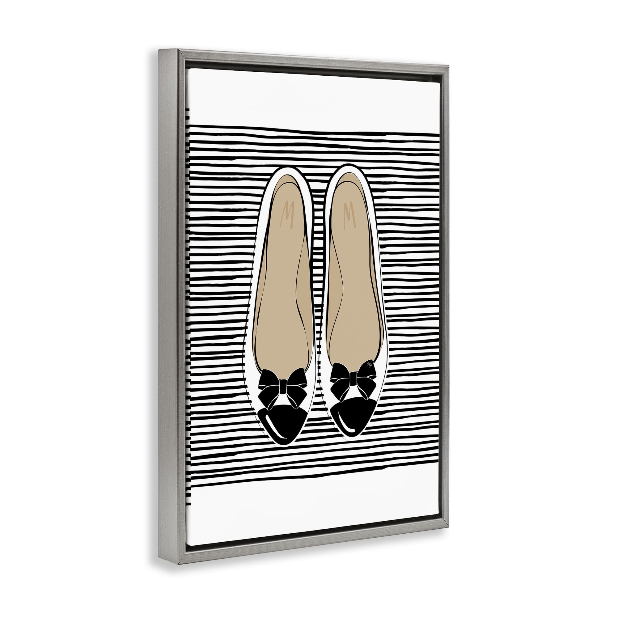 Stupell Industries Bow Flats on Stripes Beauty & Fashion Painting Gray Floater Framed Art Print Wall Art, 21 x 31