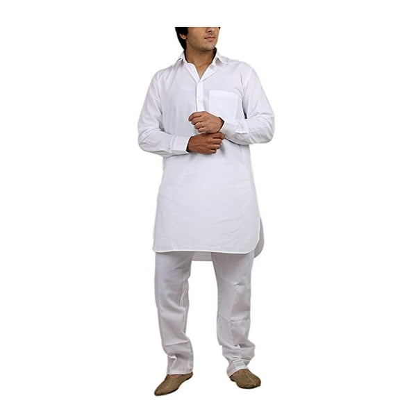 Royal Men's White Cotton Blended Fine Pathani Kurta Pyjama