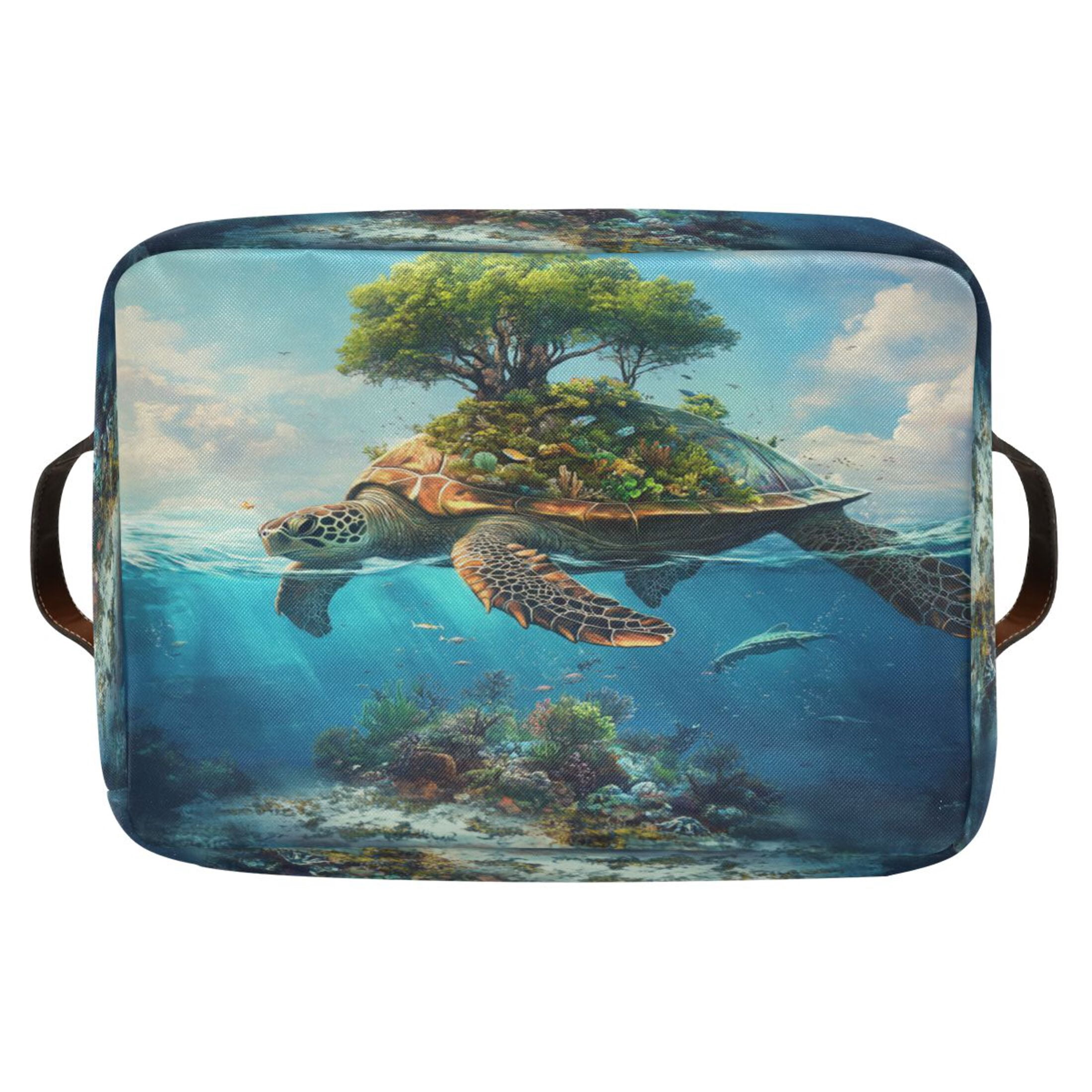 Sea Turtle Carrying Island Foldable Storage Basket,Canvas Fabric Foldable Storage Bins with Handles Open Home Storage Bins Boxes for Toy Book Shelf Closet Baskets
