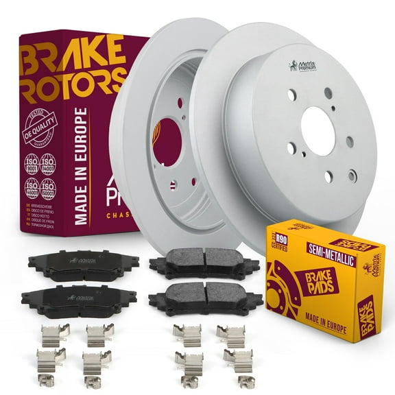 Metrix Premium Chassis Parts - Rear Semi-Metallic Disc Brake Pad Set & Solid Brake Rotor Kit Fits 2010-2015 Lexus RX350, 2010-2015 RX450h, 2014-2019 Toyota Highlander, 2011-2020 Sienna Made in Europe