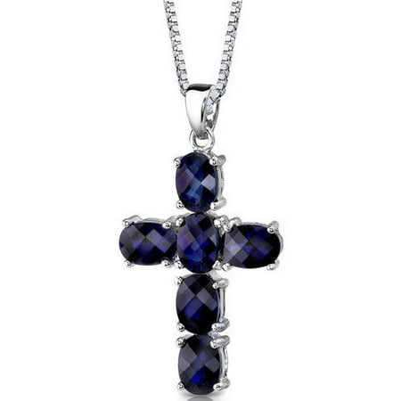 Oravo 6.00 Carat T.G.W. Oval-Shape Cross Created Blue Sapphire Rhodium over Sterling Silver Pendant, 18