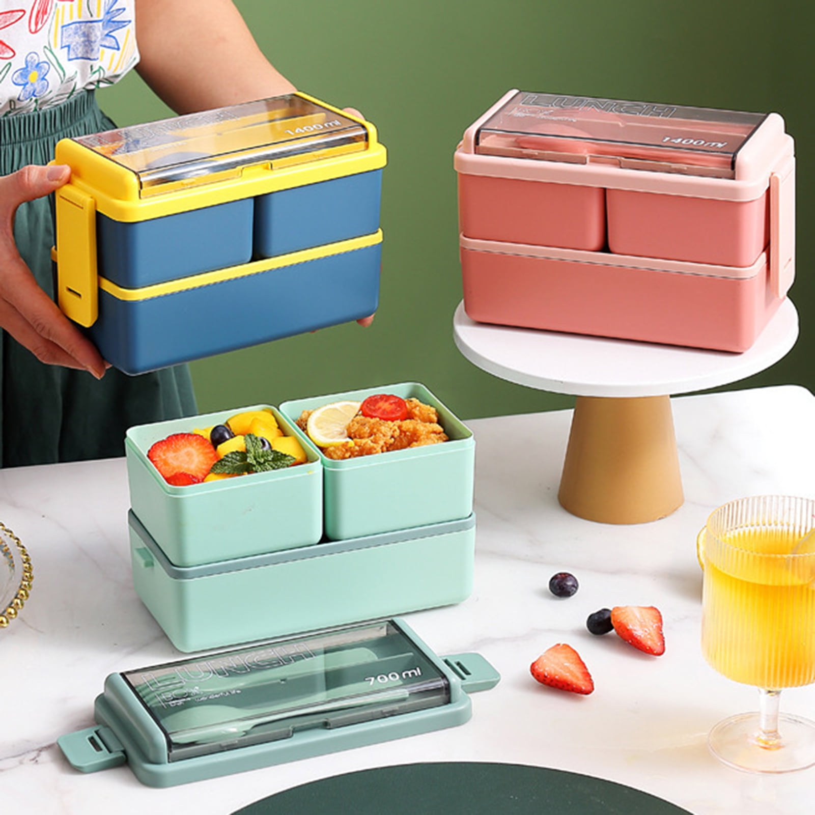 SARZ Bento Lunch Box for Kids - with 2 Containers and 4 Compartments,  Modern Stackable Cute Bento Lunch Box with Cutlery Set, Two Adjustable  Dividers