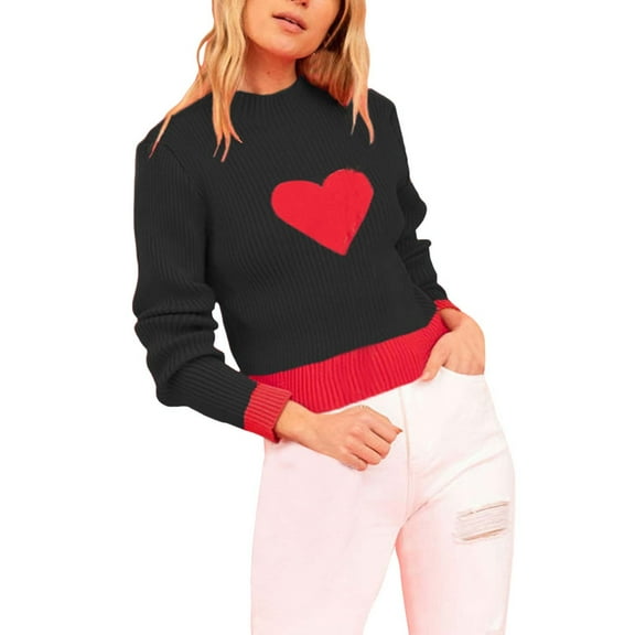 Womens Valentines Sweater Heart Print Turtleneck Knit Sweater Fitted Long Sleeve Pullover Base Layer for Winter Black XL