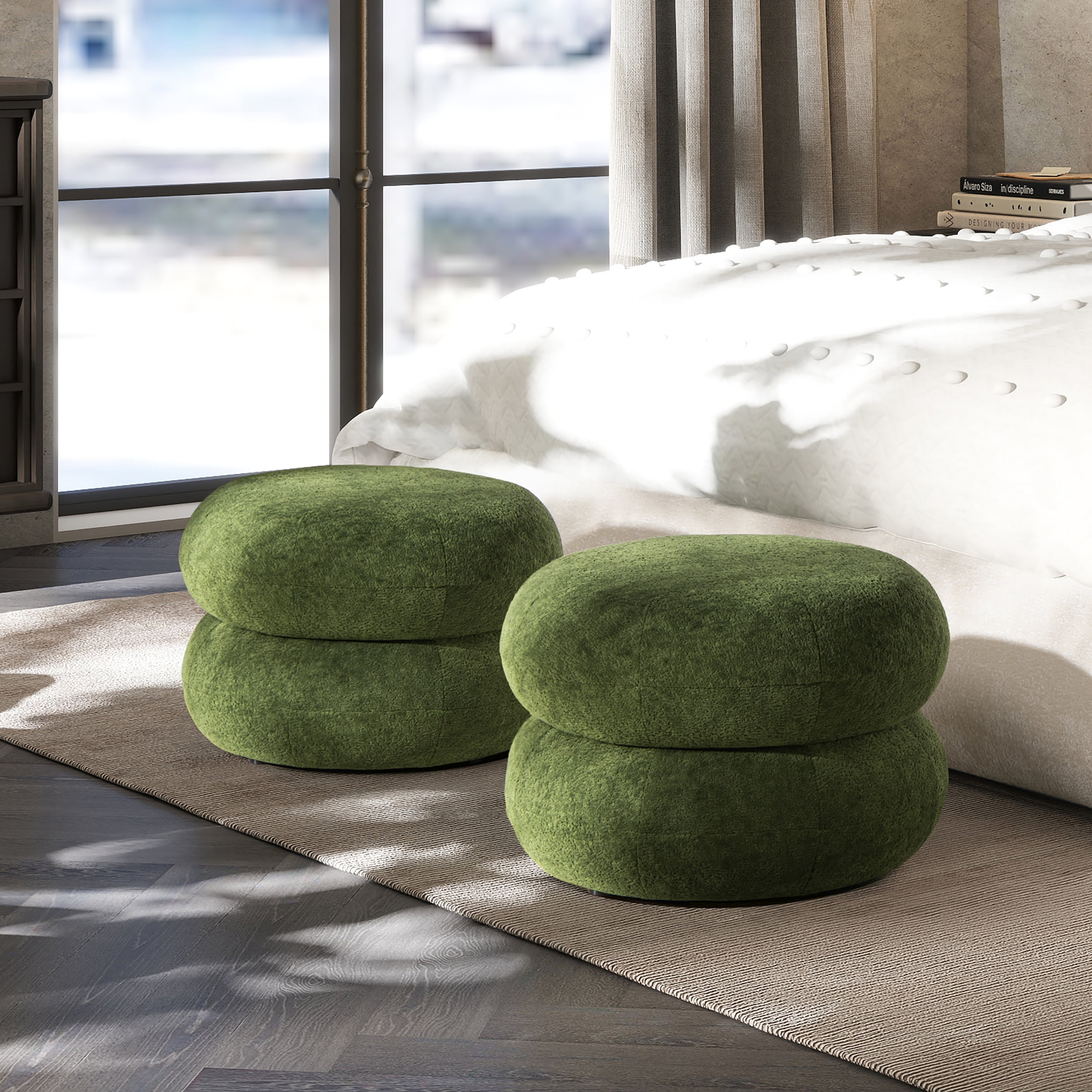 Ottomans With Storage Nest 19.5" Low Round Upholstered Ottoman, Moss Green,Living Room Ottomans
