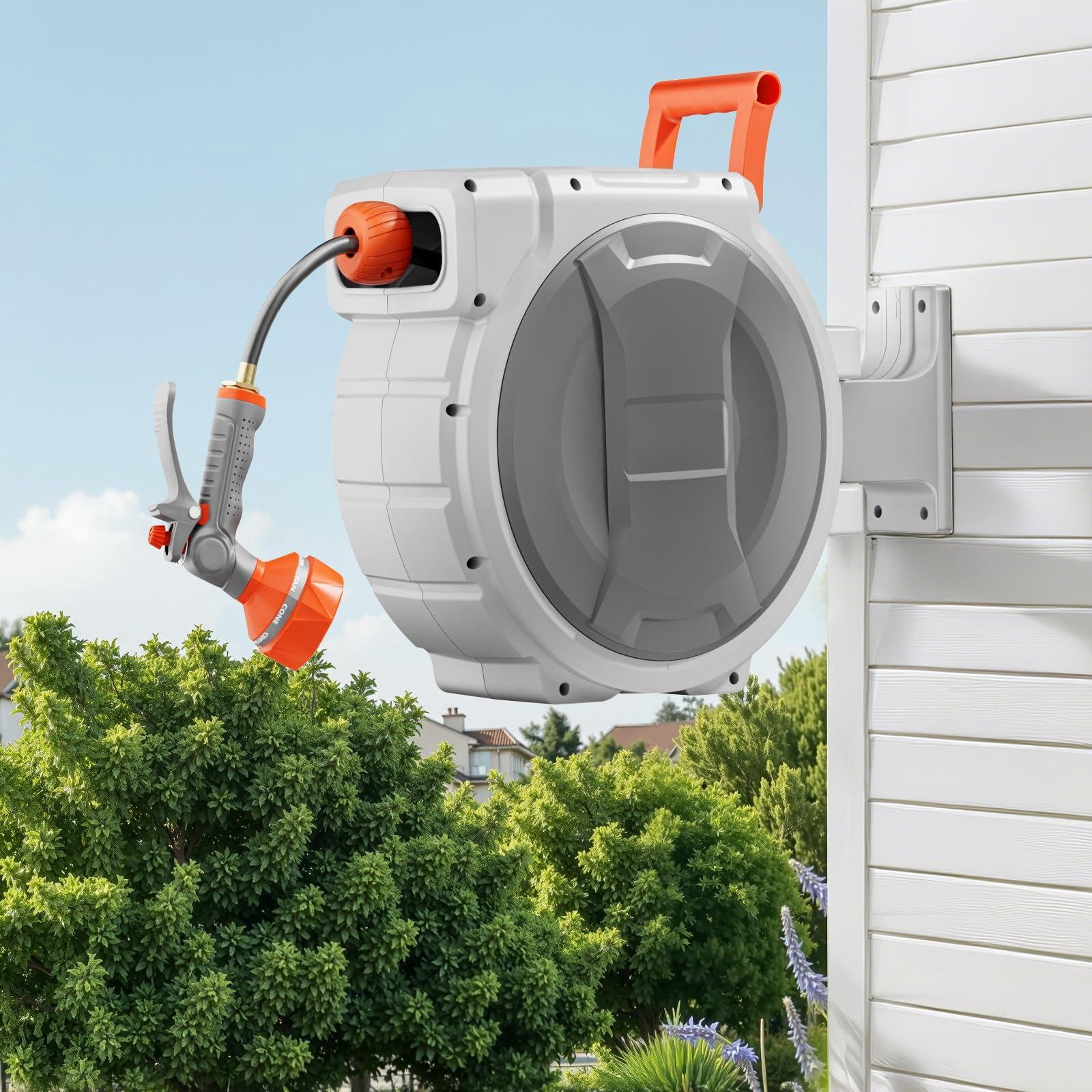 Retractable Garden Hose Reel  1/2 Inch X 65 Ft Wall Mounted Heavy Duty With 9 Patterns Nozzle Any Length Lock Upgraded Slow Return System And 180°swivel Bracket