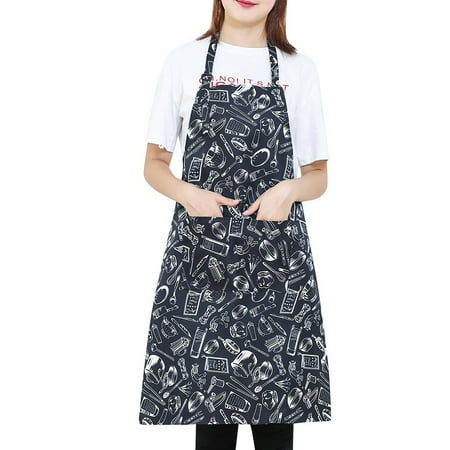 

wendunide womens dresses Women Casual Print Cooking Chef Kitchen Restaurant Bib Apron Dress Pocket Apron Black