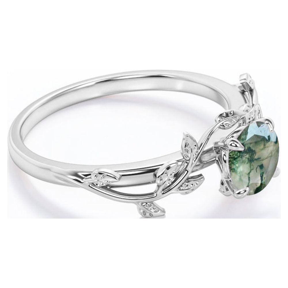JeenMata Nature Inspired 0.50 Carat Natural Green Moss Agate Solitaire Engagement Ring - Forest Ring - 18K White Gold Plating for Women