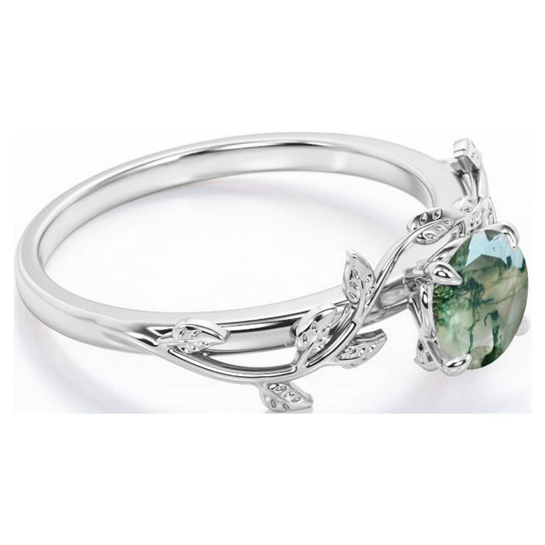 Nature Inspired 0.50 Carat Natural Green Moss Agate Solitaire Engagement  Ring - Forest Ring - 18K White Gold Over Silver