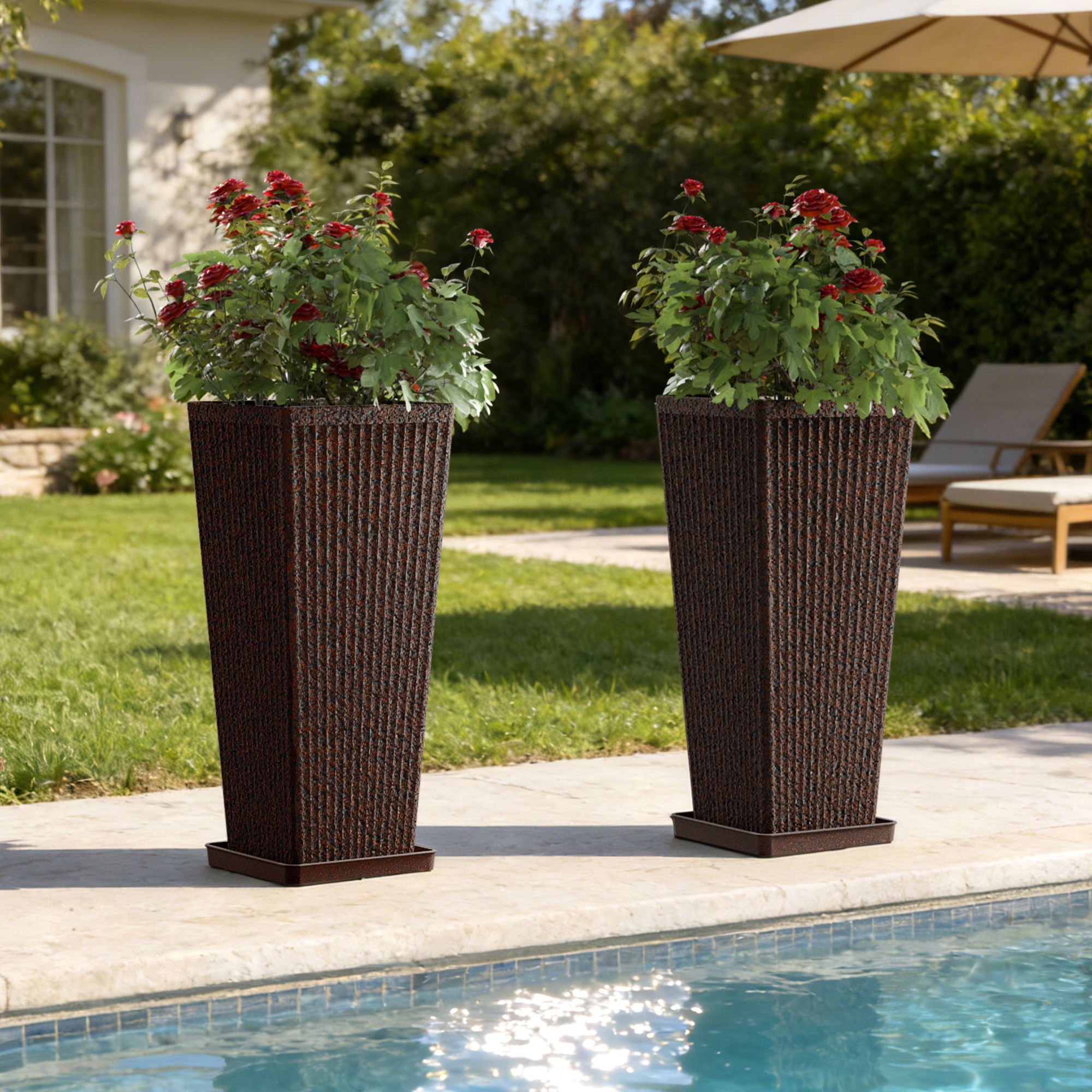 Chiccushion 23.6 inch Tall Planter Set of 2, Large Plastic Round Planter for Outdoor Indoor Garden Patio Front Door, Brown