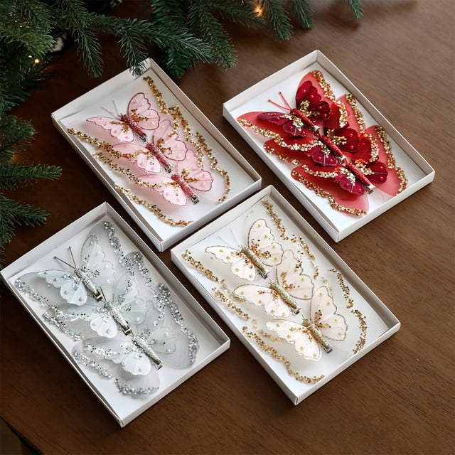 Pack de 3 Mariposas de Malla Brillante Hechas a Mano para Adornos de Árbol de Navidad | Clips | Decoración Diy | Color Dorado