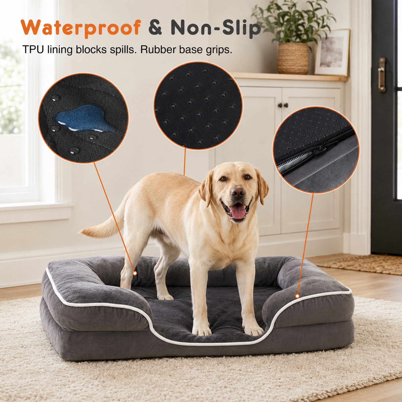 Alvantor L/XL Orthopedic Dog Bed for Extra Large Dogs & Cats with Washable Removable Cover Non-Slip Base Waterproof Liner, Pet Bed with Sides