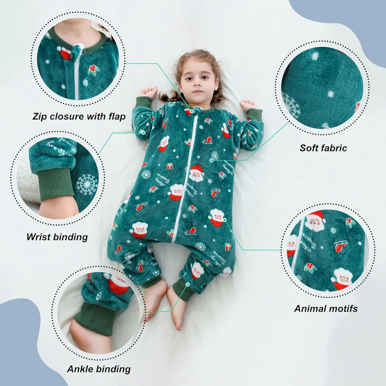 ATAIKU Toddler Sleeping Sack 9M-6T Christmas Flannel 2-Way Zipper Baby Sleep Sack with Feet, Infant Santa Claus Wearable Blanket