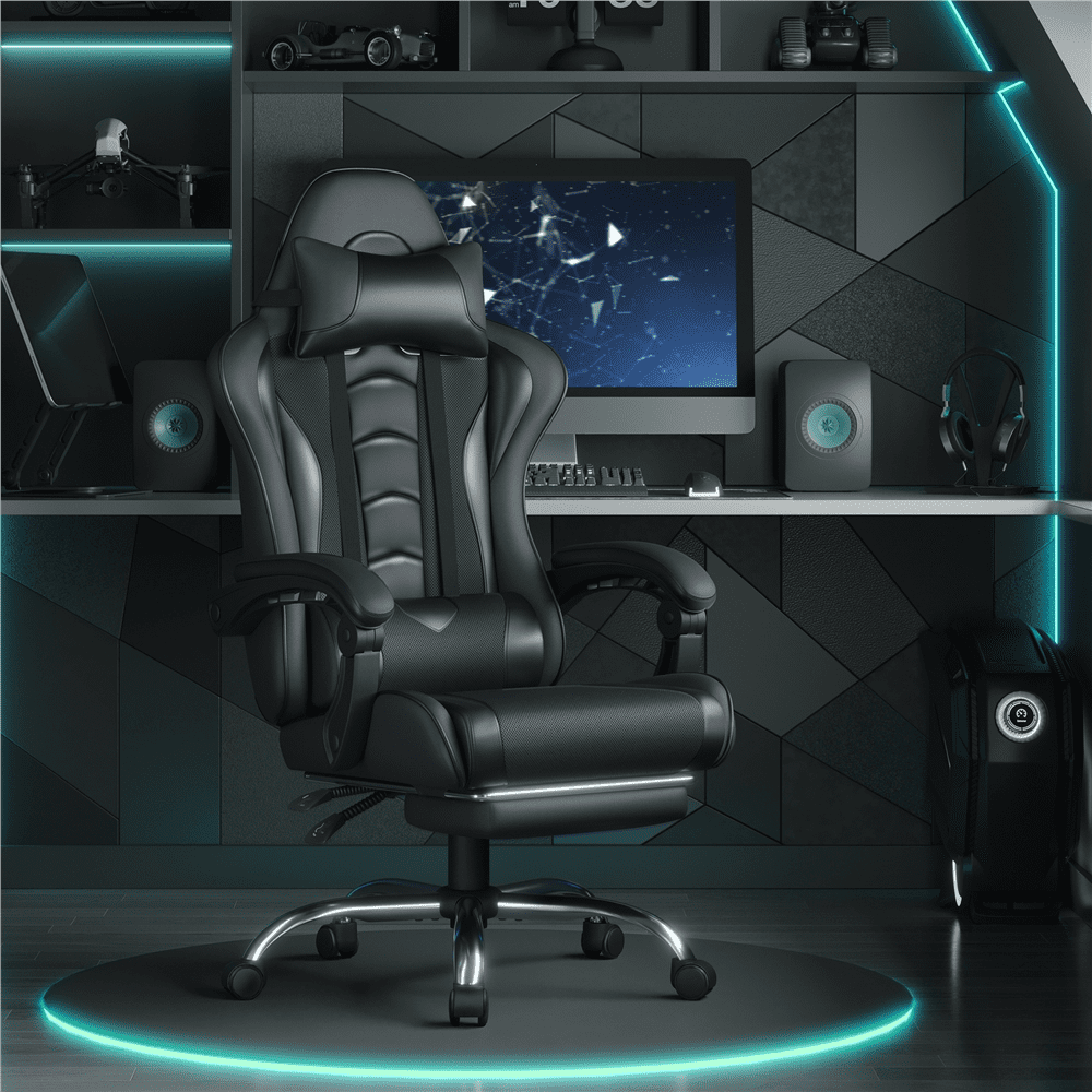 Fullfurnique Ergonomic High Back Gaming Chair with Slide Out Footrest, Full Black