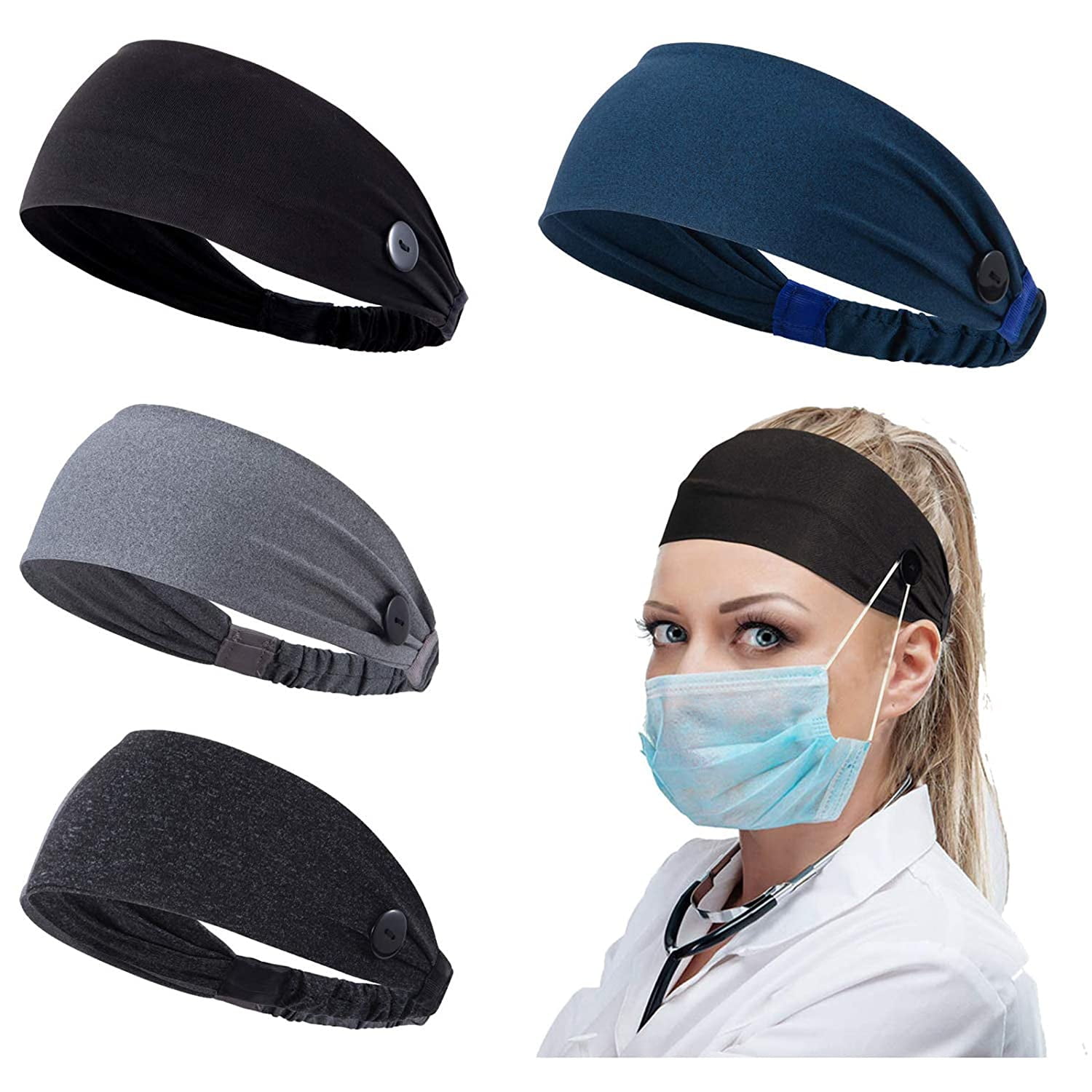 8 Piece Button Headbands Set TANOKY Sweat-Wicking Elastic Headbands with Button Ear Protection Holder Headband for Nurse Adults Face Covers Holder Outdoor Activities 8 Pcs 