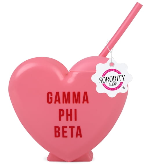 Gamma Phi Beta Tumbler with Straw - Candy Heart Shaped 16 Oz Tumbler with Lid and Silicone Straw, Reusable Plastic Cup with Screen Printed Sorority Name for any Cold Drink