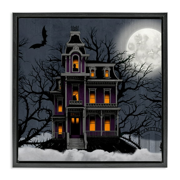 Stupell Industries Creepy Haunted Halloween House Holiday Painting Black Floater Framed Canvas Art Print Wall Art, 18 x 18