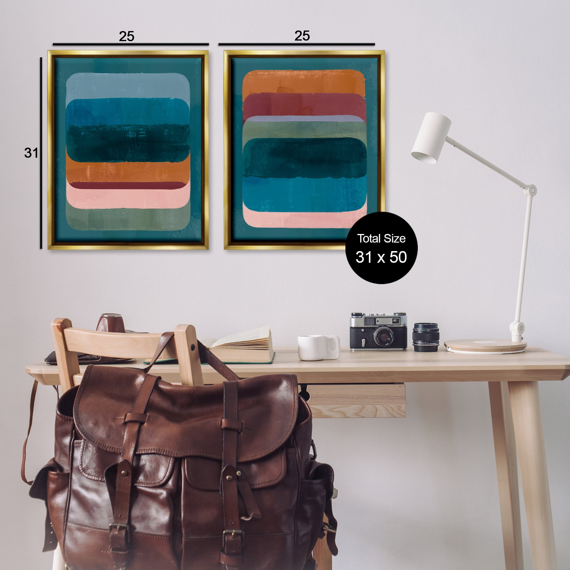 Stupell Industries Abstract Teal Stacked Colors Abstract Painting Gold Floater Framed Canvas Art Print Wall Art, 31 x 25, Set of 2