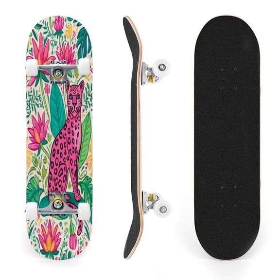 31"x8" Colorful Pink Complete Skateboards for Beginners, Double Kick 7 Ply Maple Deck Tropical leaves lotus flowers Skateboard with Wheels, Gifts for Kids Teens