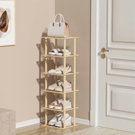 6-Tier Bamboo Shoe Rack - Vertical Shoe Rack for Small Spaces Tall Narrow Shoe Rack Organizer for Closet Entryway Corner Garage and Bedroom Free Stackable DIY,Primary Colours