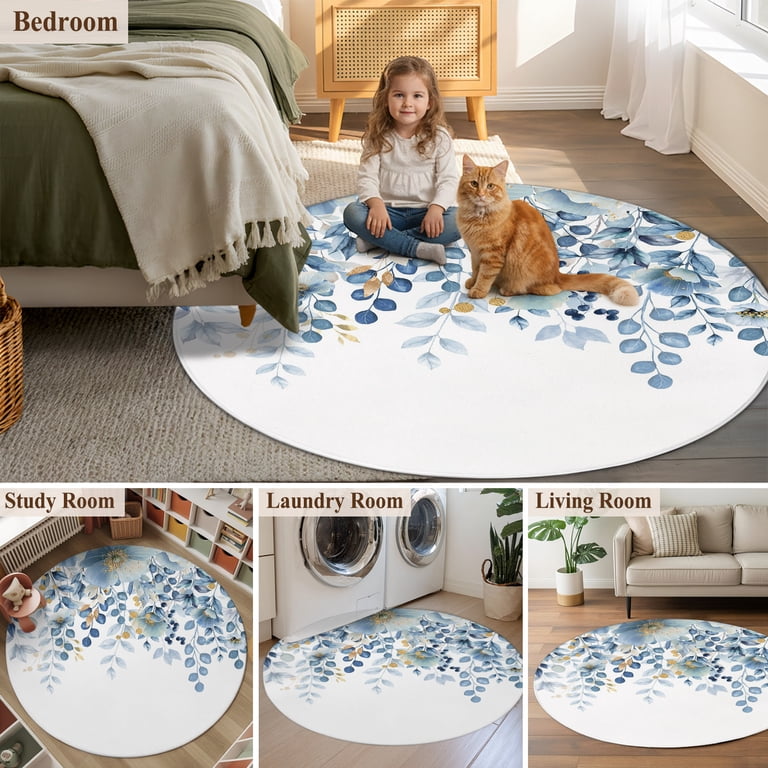 USA RUG / チューリップ柄 Blue Tulip Eucalyptus Round Rug 7ft Washable Circle Rugs Non Slip