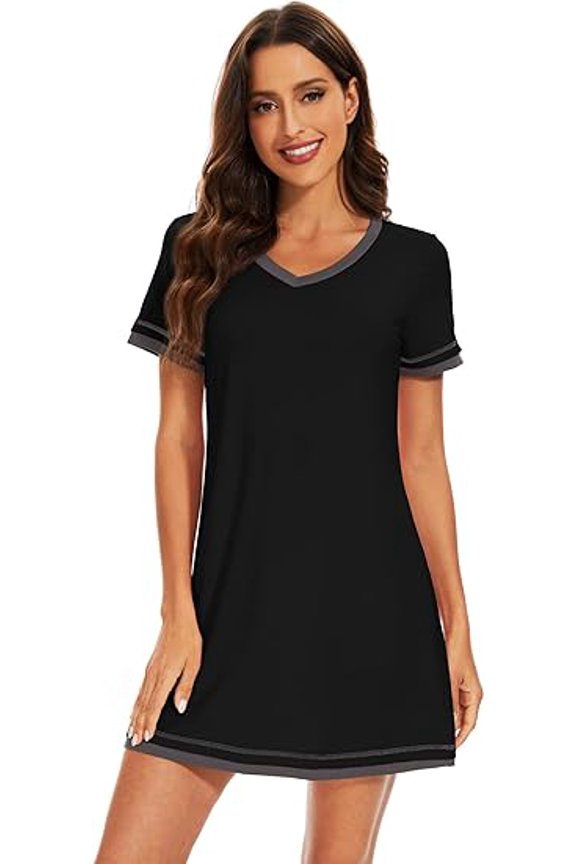 Women's Nightdress Nightgown V Neck Sleep Shirt Contrast Color Loungewear Short Sleeve